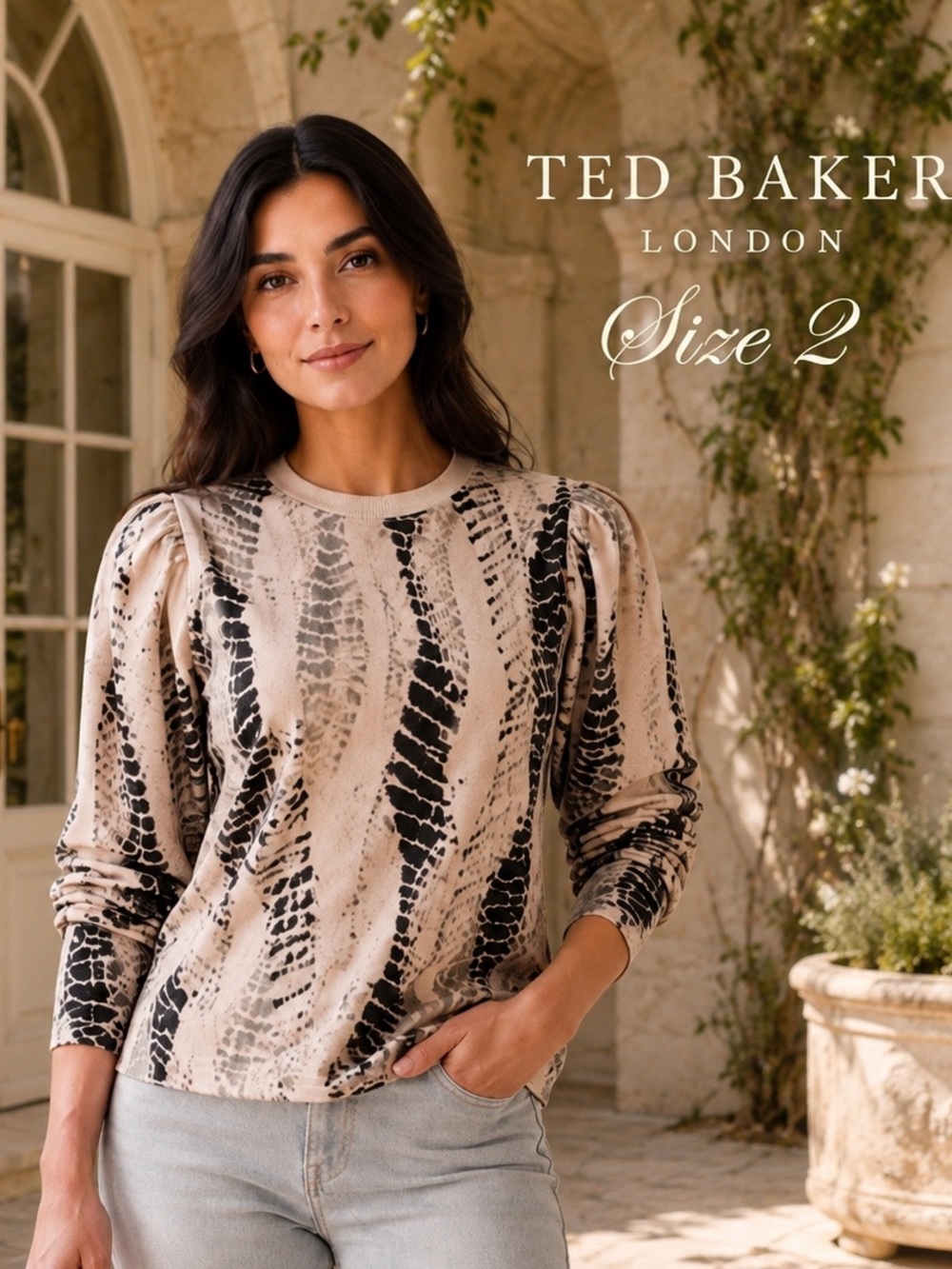 Ted Baker London Snake Print Puff Sleeve Top Size 2 US 4–6